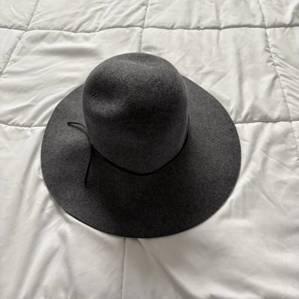 Womens‎ OS 100% Wool Hat Gray Felt Floppy Leather Bow Dainty Romantic Feminine
